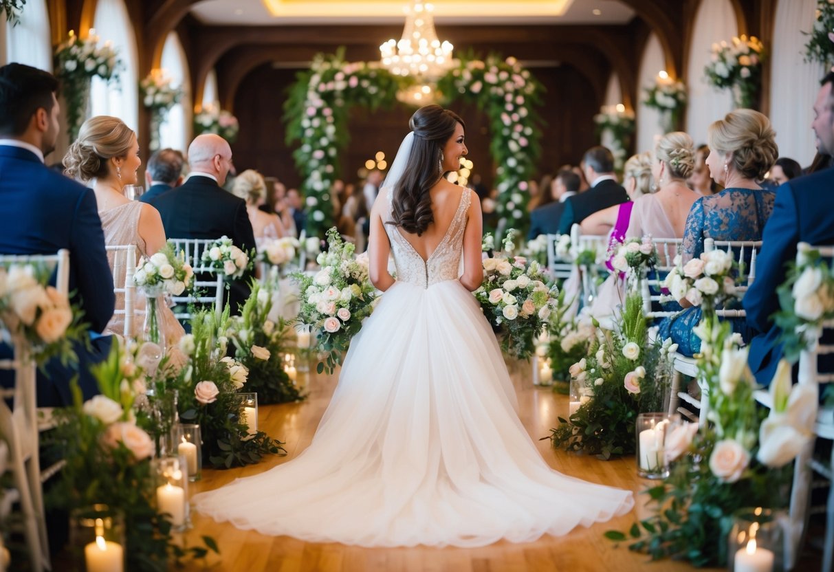 A woman in a flowing gown takes her seat in the front row of a beautifully decorated wedding venue, surrounded by flowers and elegant decorations