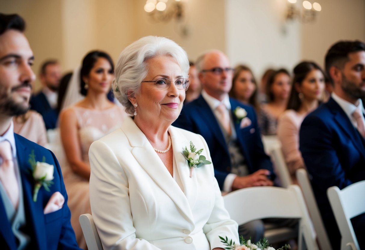 The bride's mother is seated first at the wedding, in a prominent position near the front of the ceremony space