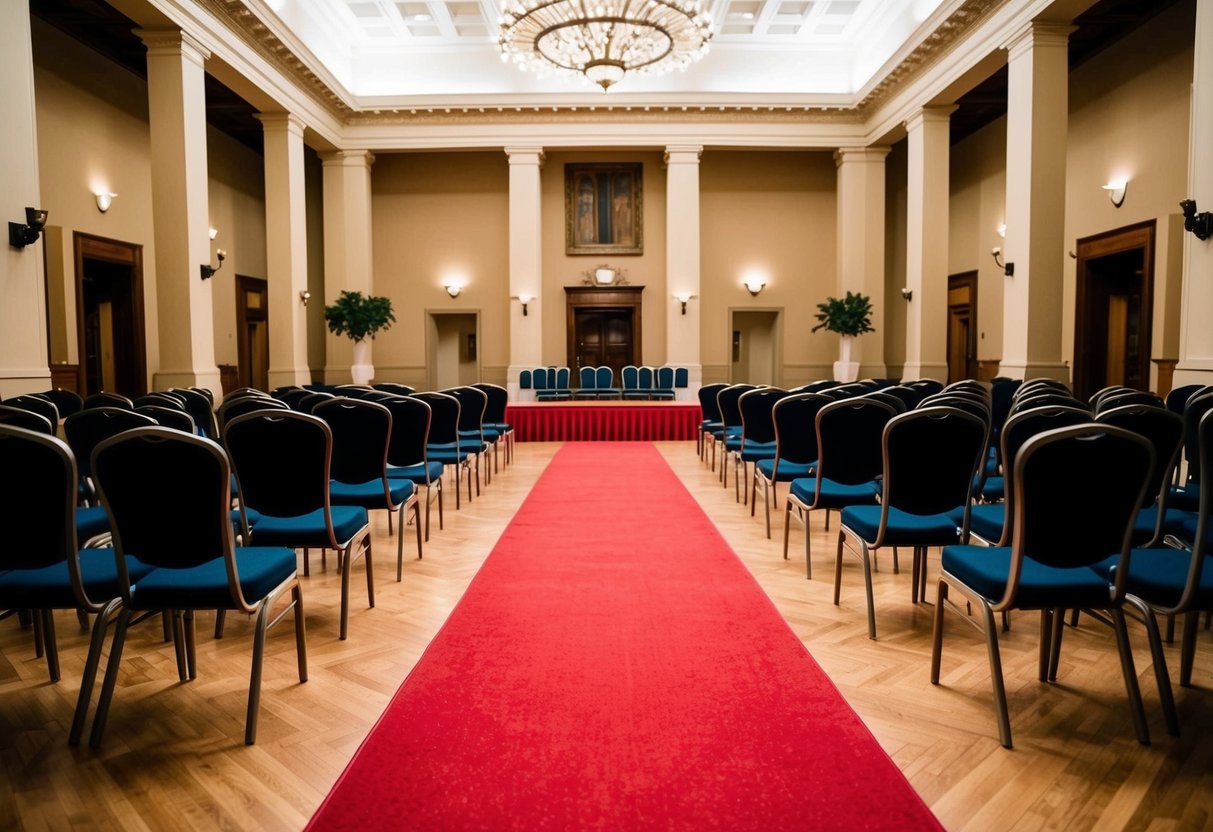 A grand hall with rows of empty chairs, a red carpet leading to a decorated seat at the front