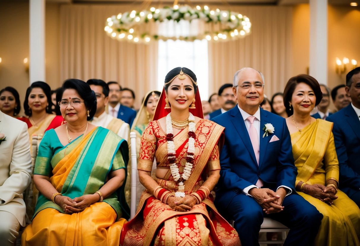 A woman in a traditional dress is seated in the front row of a wedding ceremony, surrounded by family members offering support and comfort