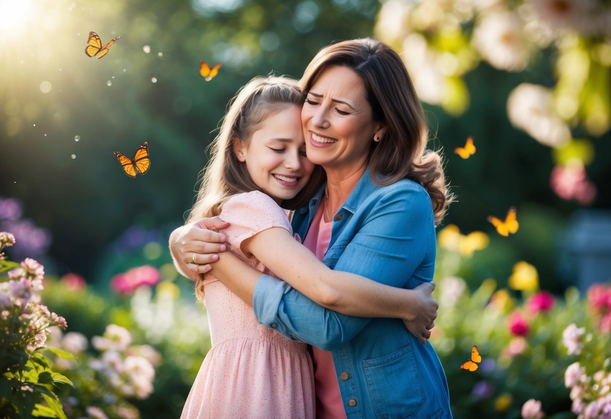 A mother embraces her daughter, smiling with tears in her eyes, as they stand in a sunlit garden surrounded by blooming flowers and fluttering butterflies
