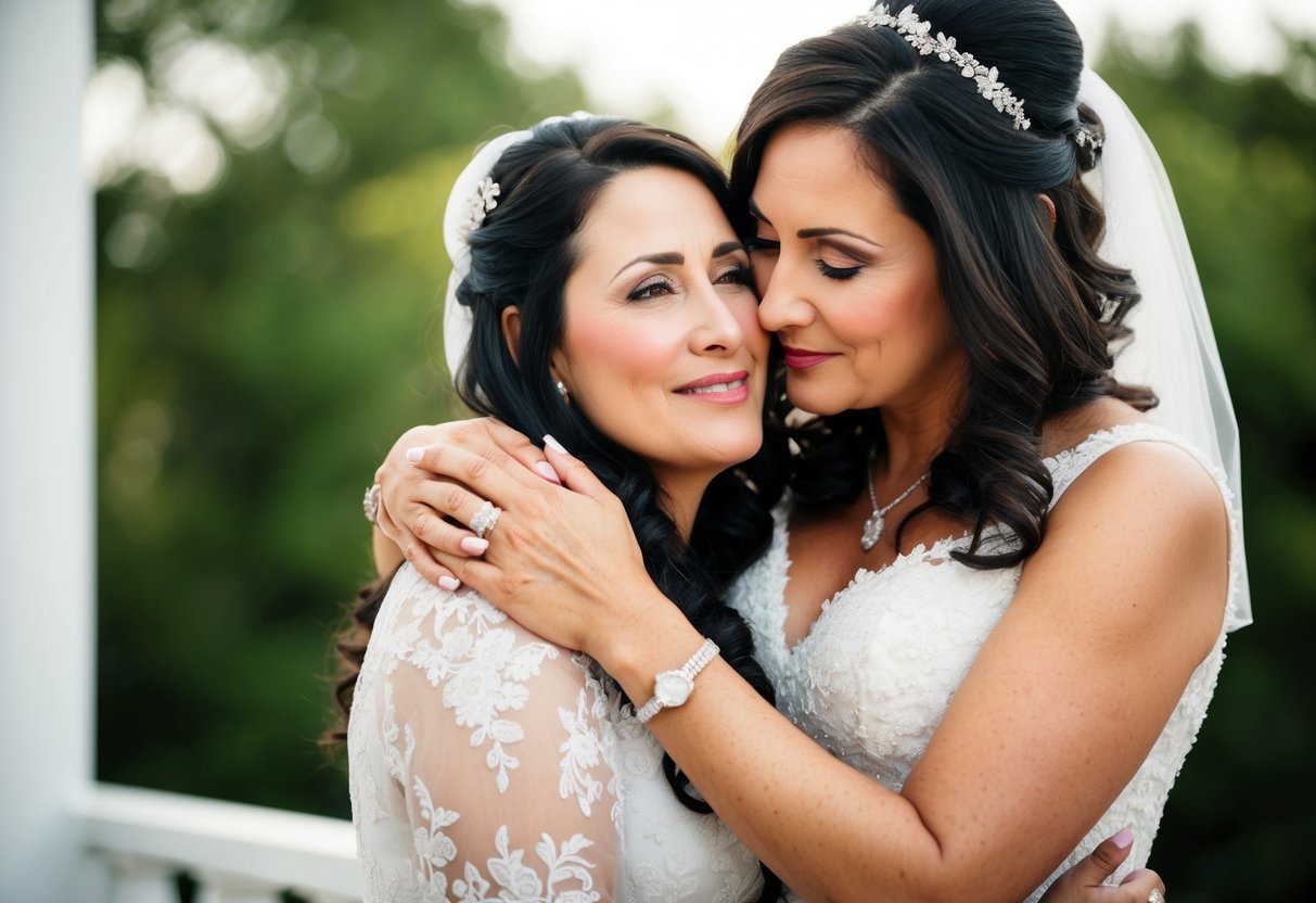 A mother gently embraces her daughter, offering words of wisdom and love on her wedding day