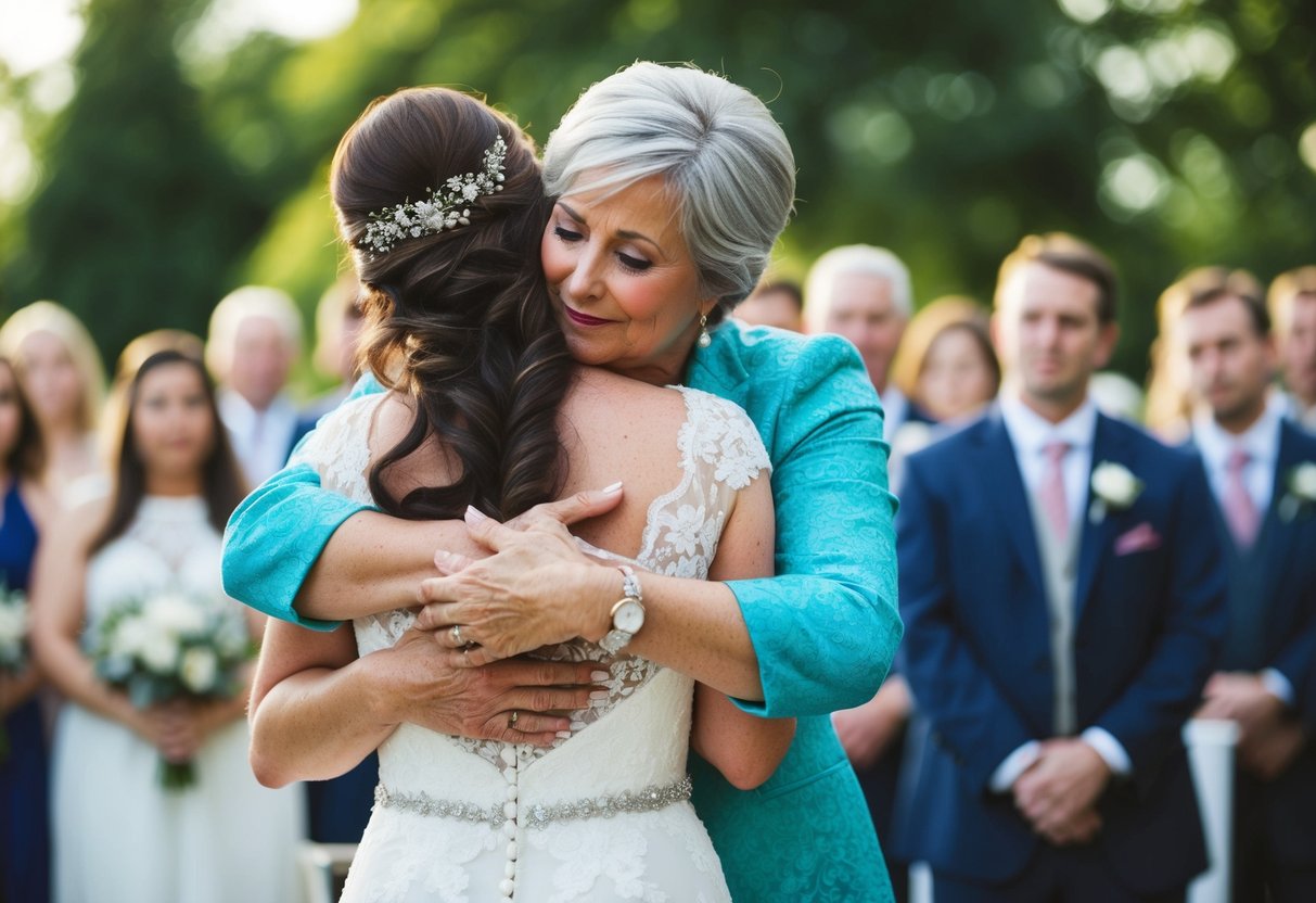 A mother embraces her daughter, offering words of wisdom and encouragement on her wedding day