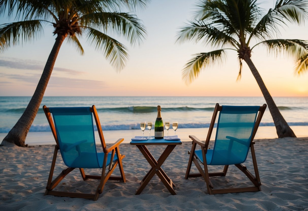 A beach sunset with two beach chairs and a small table set for two, with a champagne bottle and glasses, surrounded by palm trees and the sound of waves