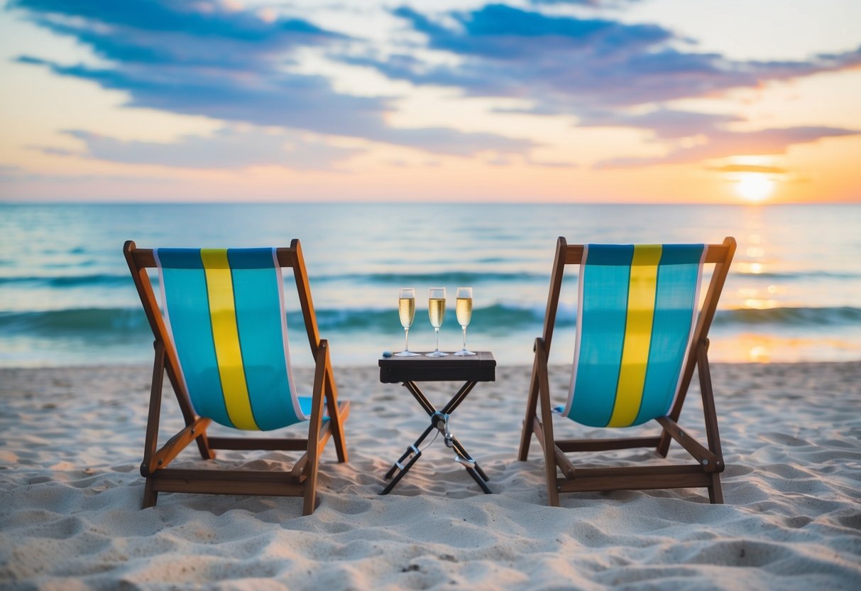 A sandy beach with two beach chairs facing the ocean, a small table with two glasses of champagne, and a sunset in the background