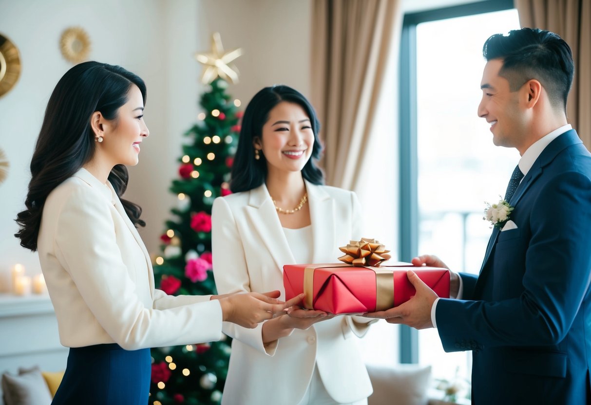 A couple presents a wrapped gift to a man in a suit. Flowers and decorations adorn the room