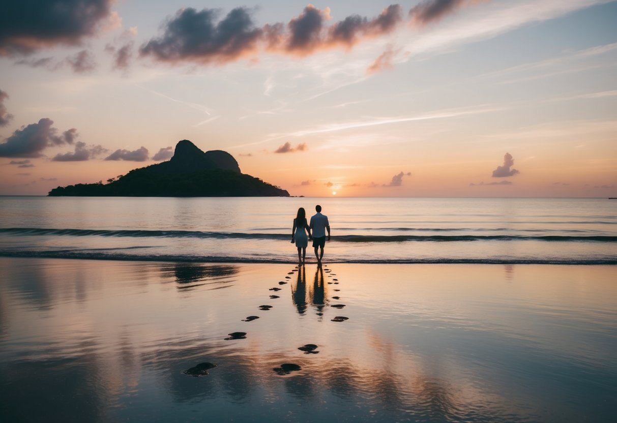 A serene beach at sunset, with a couple's footprints leading towards the water, and a tranquil tropical island in the distance