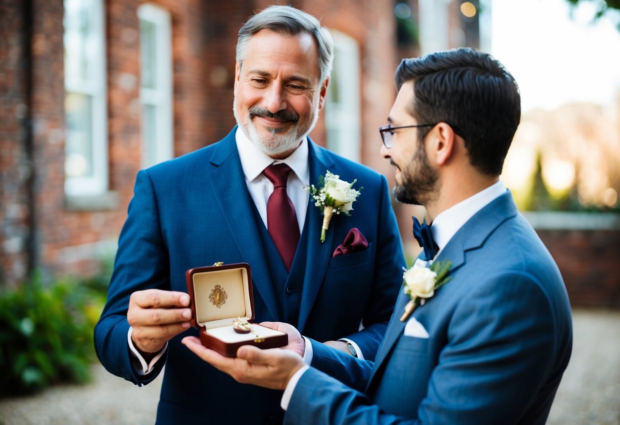 A father presents his son with a cherished family heirloom on his wedding day