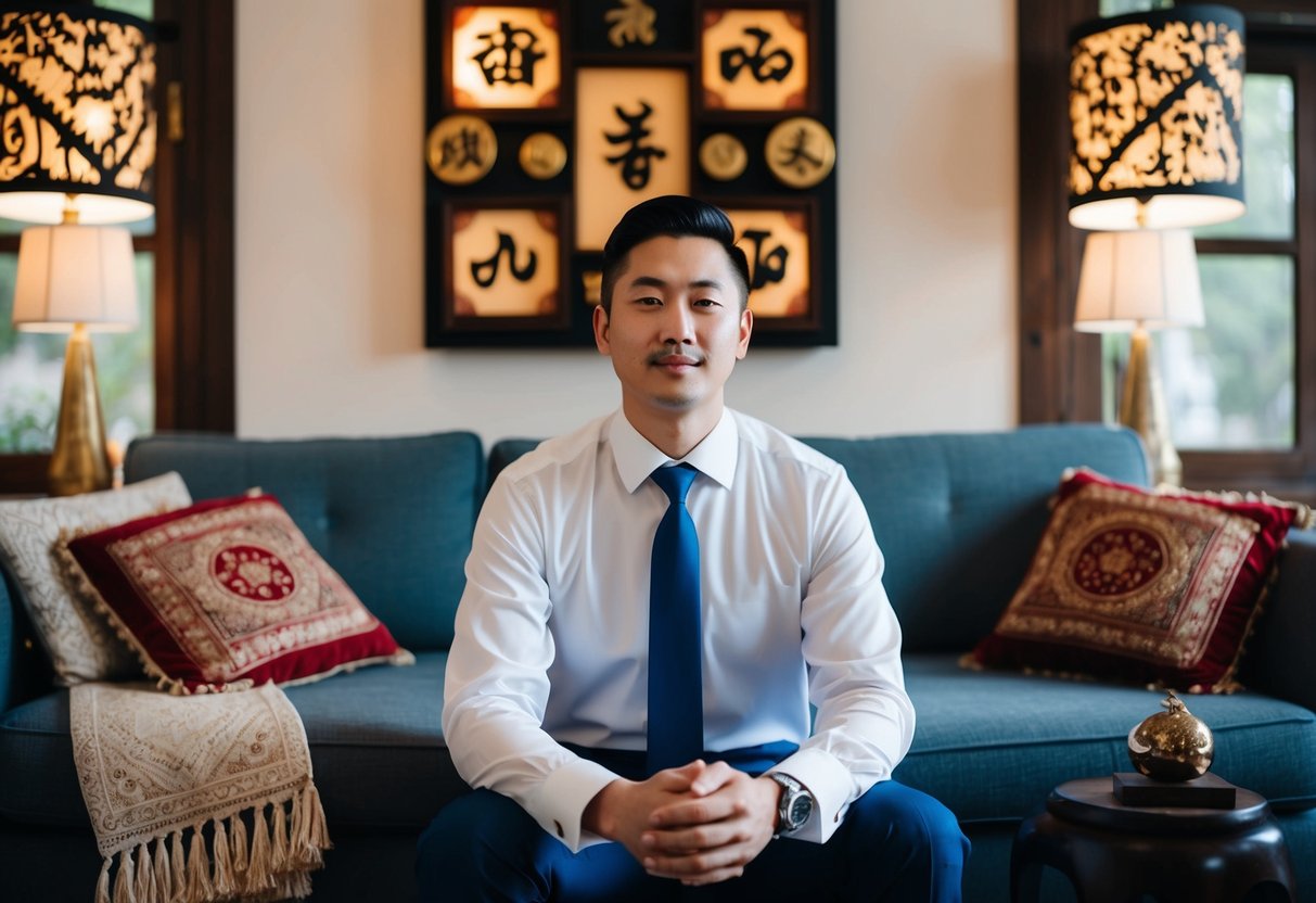 A groom sits alone in a cozy, traditional room with modern decor, surrounded by symbols of both old and new traditions