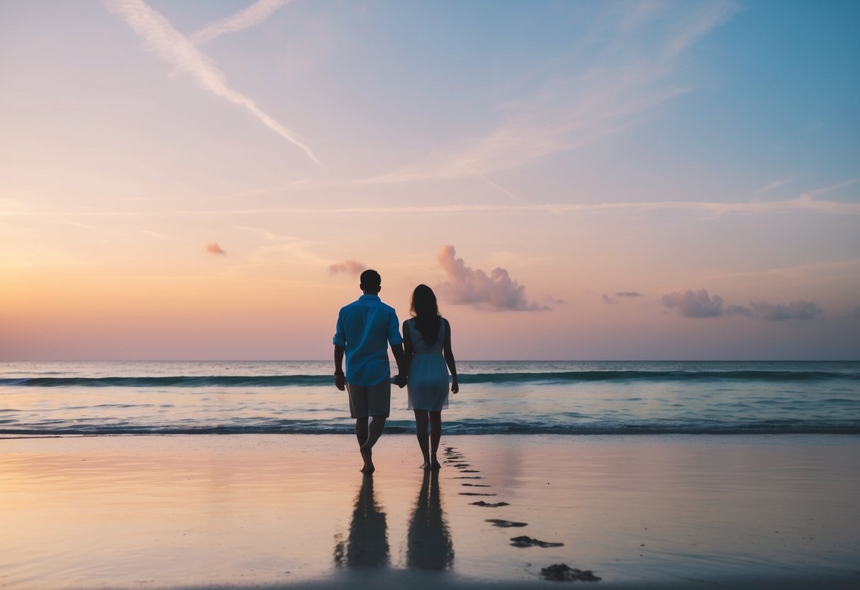 A serene beach at sunset, with a couple's footprints leading into the distance