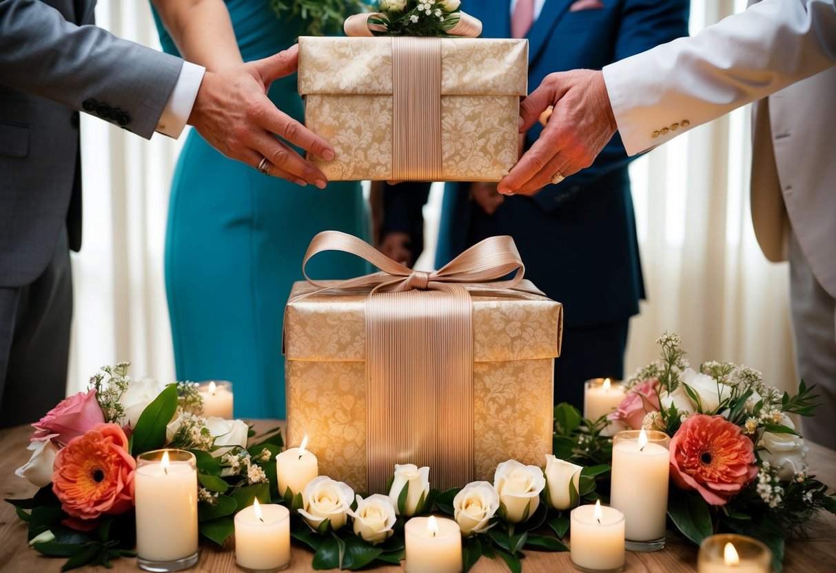 Parents present a beautifully wrapped gift to their son on his wedding day, surrounded by flowers and candles