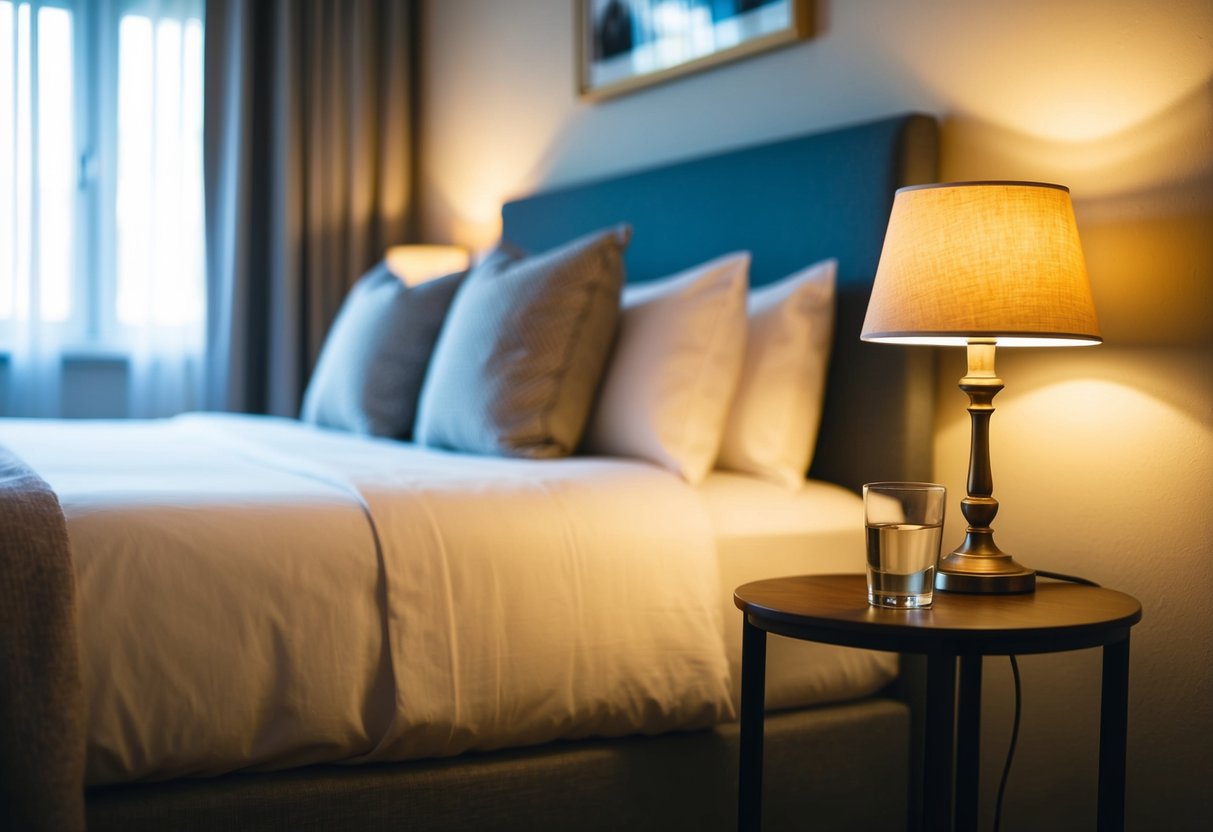 A cozy room with a neatly made bed, a bedside table holding a glass of water, and a small, dimly lit lamp casting a warm glow