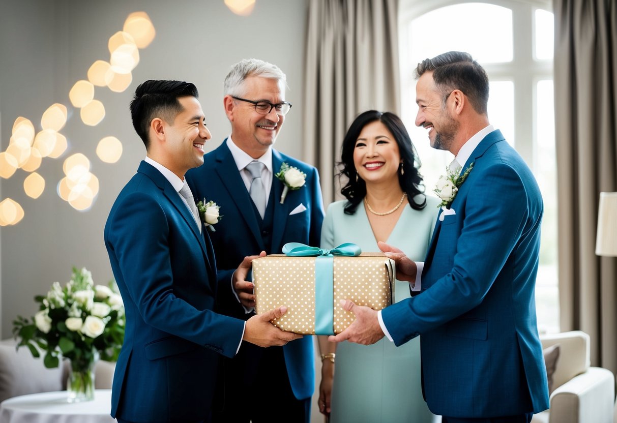 A couple presents a wrapped gift to their son on his wedding day. The son stands in front of them, smiling and holding his partner's hand