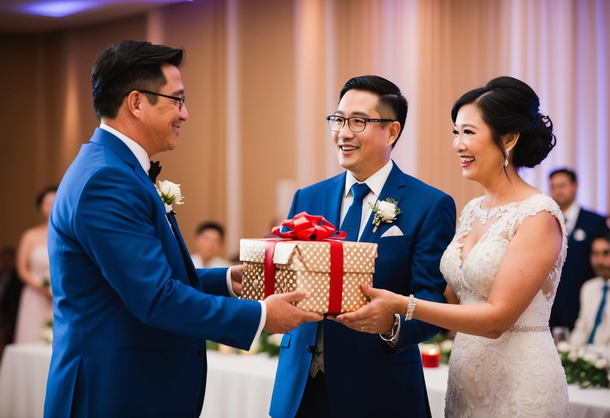 Parents present a wrapped gift to their son at his wedding reception