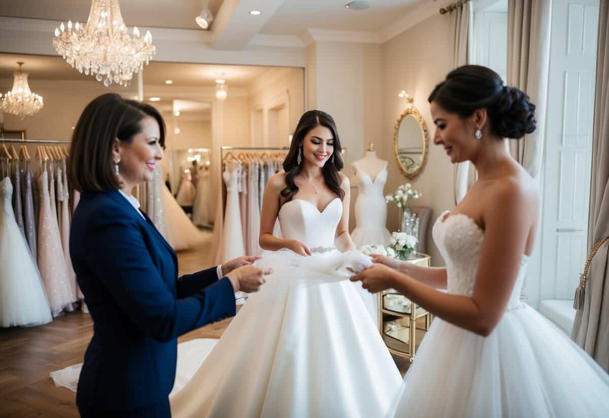 A woman purchasing a wedding dress at a luxurious boutique, surrounded by elegant gowns and accessories