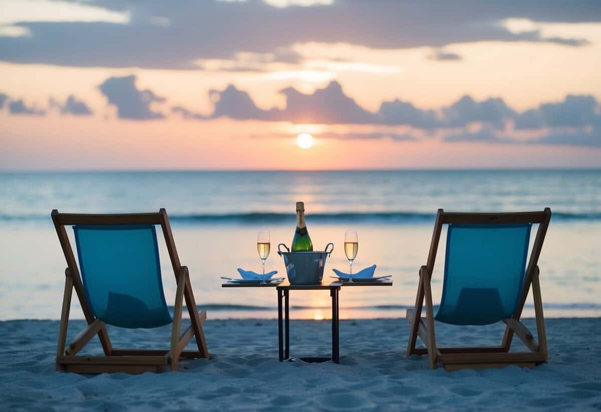 A tranquil beach at sunset with two beach chairs facing the ocean, a bottle of champagne chilling in a bucket of ice, and a romantic dinner set up on a small table