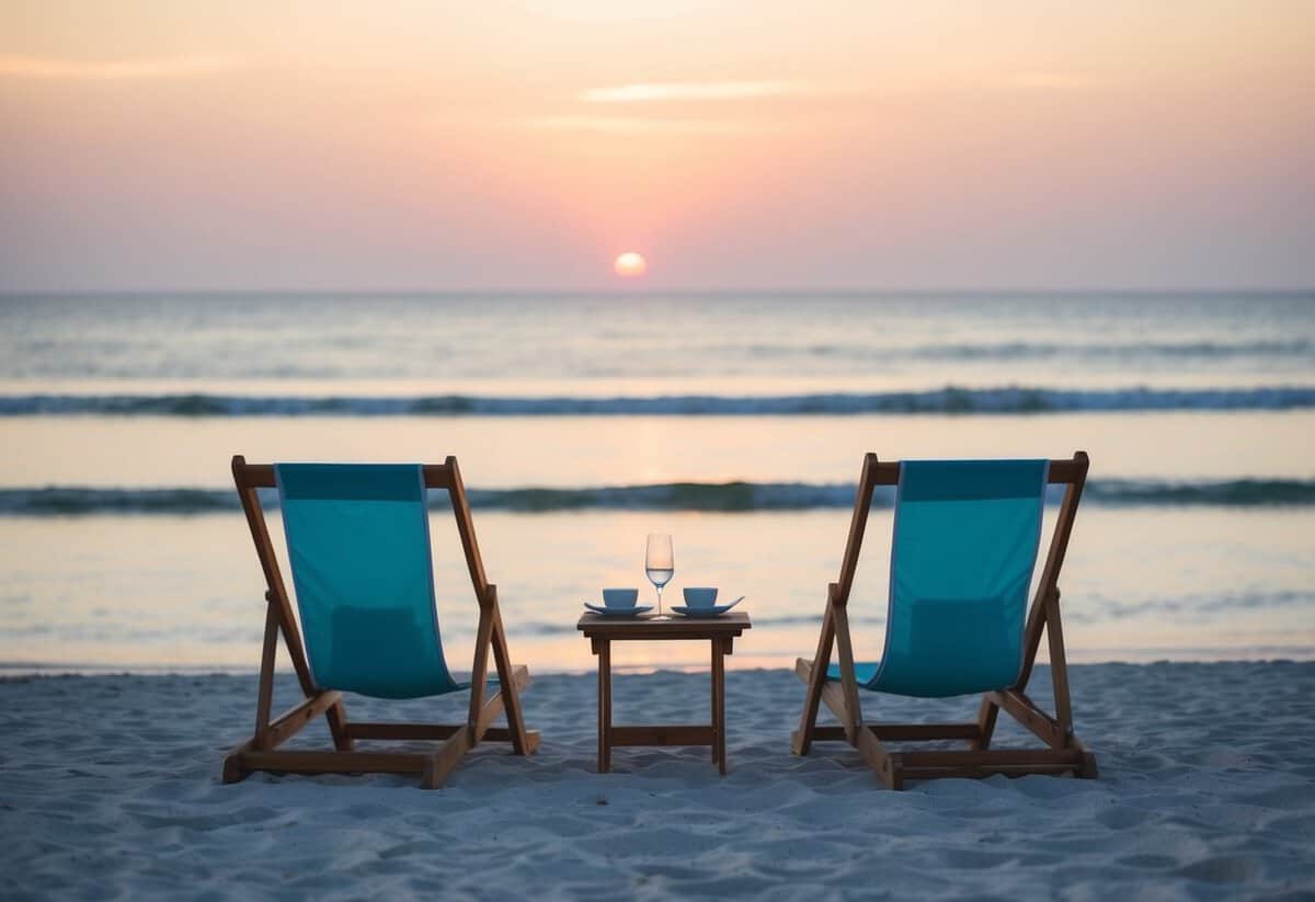 A serene beach at sunset, with two beach chairs facing the ocean and a small table set for two, symbolizing the romantic and relaxing nature of the honeymoon phase