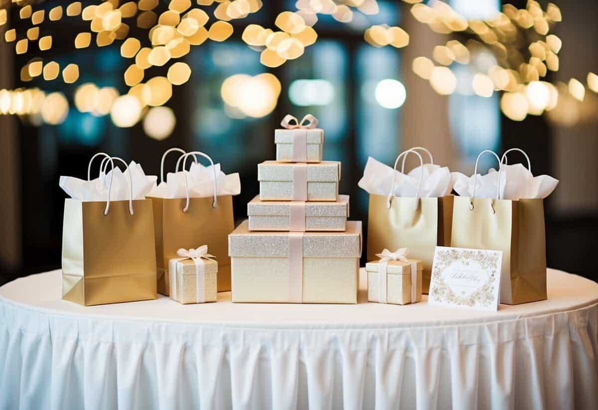 A beautifully decorated wedding gift table with an array of wrapped presents, elegant gift bags, and a decorative card box
