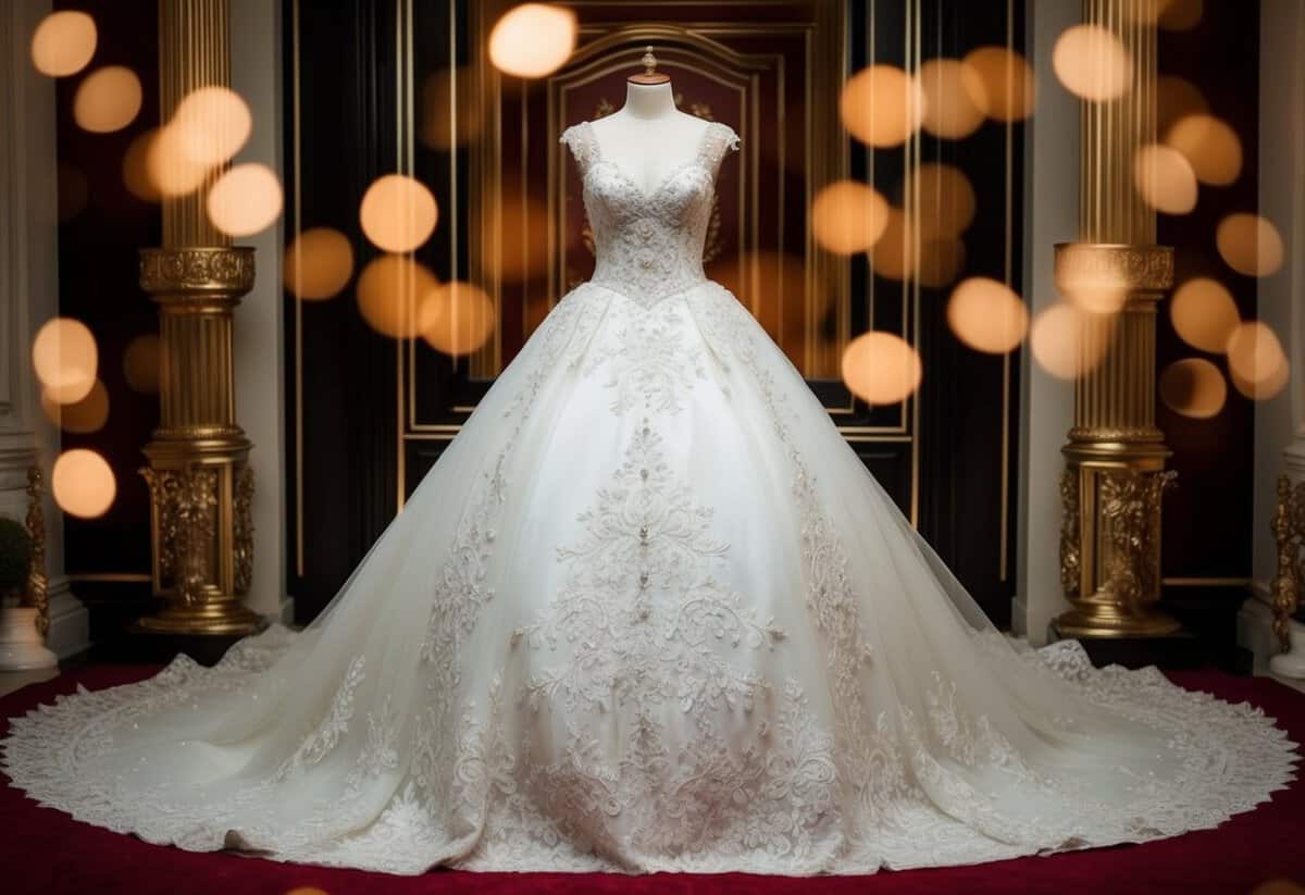 A grand royal wedding gown displayed in a luxurious setting