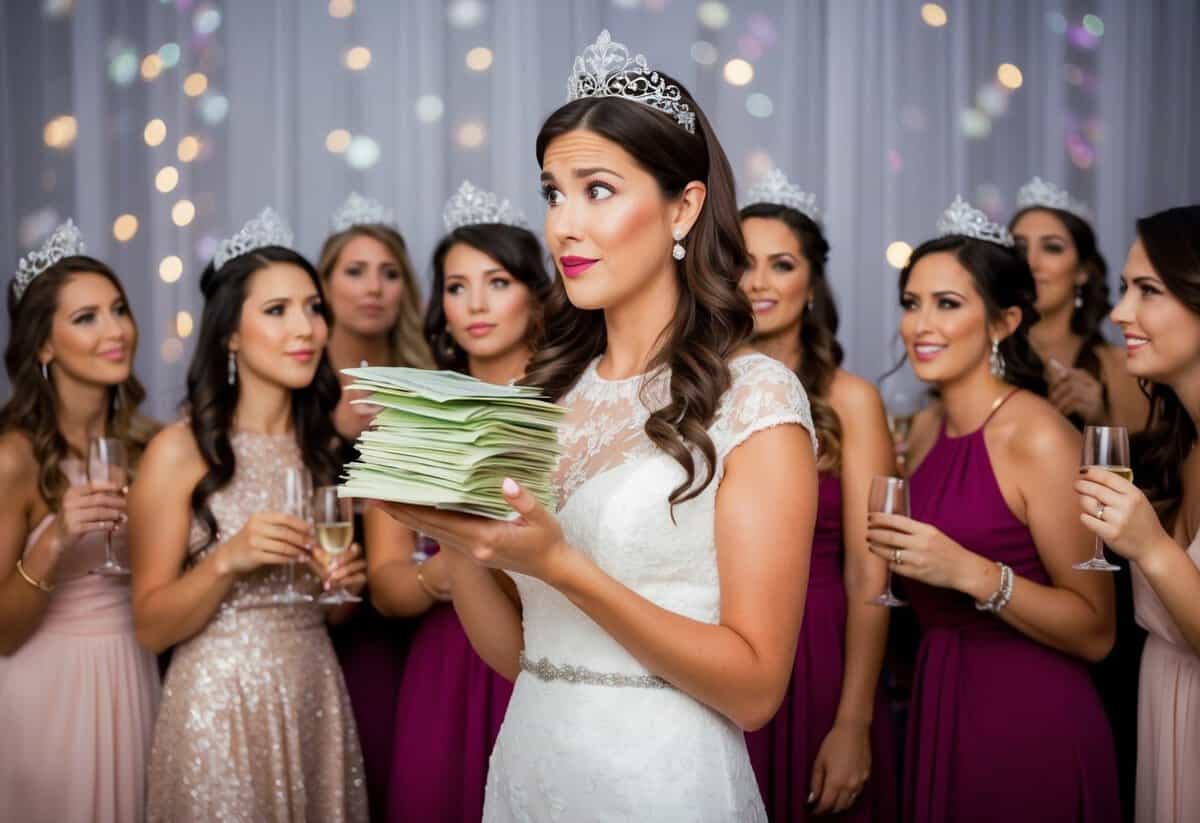 A maid of honor holding a stack of bills and looking puzzled while standing in front of a group of women at a bachelorette party