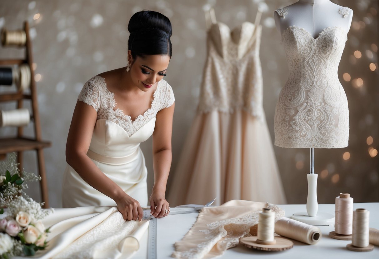 A seamstress carefully measures and cuts luxurious fabric, surrounded by spools of thread and intricate lace, while a dress form stands ready for the creation of a bespoke wedding gown