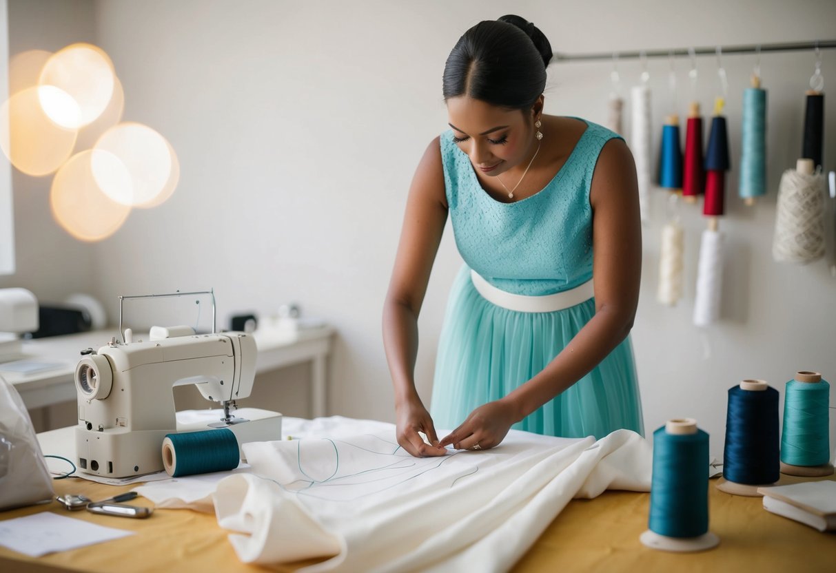 A seamstress carefully measures fabric and sketches designs for a wedding dress, surrounded by spools of thread and sewing equipment