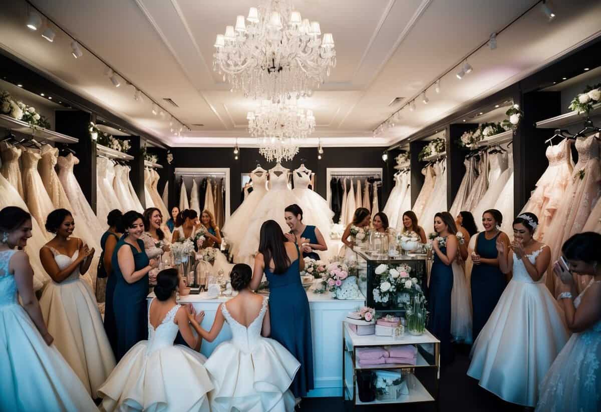 A crowded wedding boutique with extravagant dresses and accessories on display, surrounded by busy salespeople and overwhelmed bridesmaids