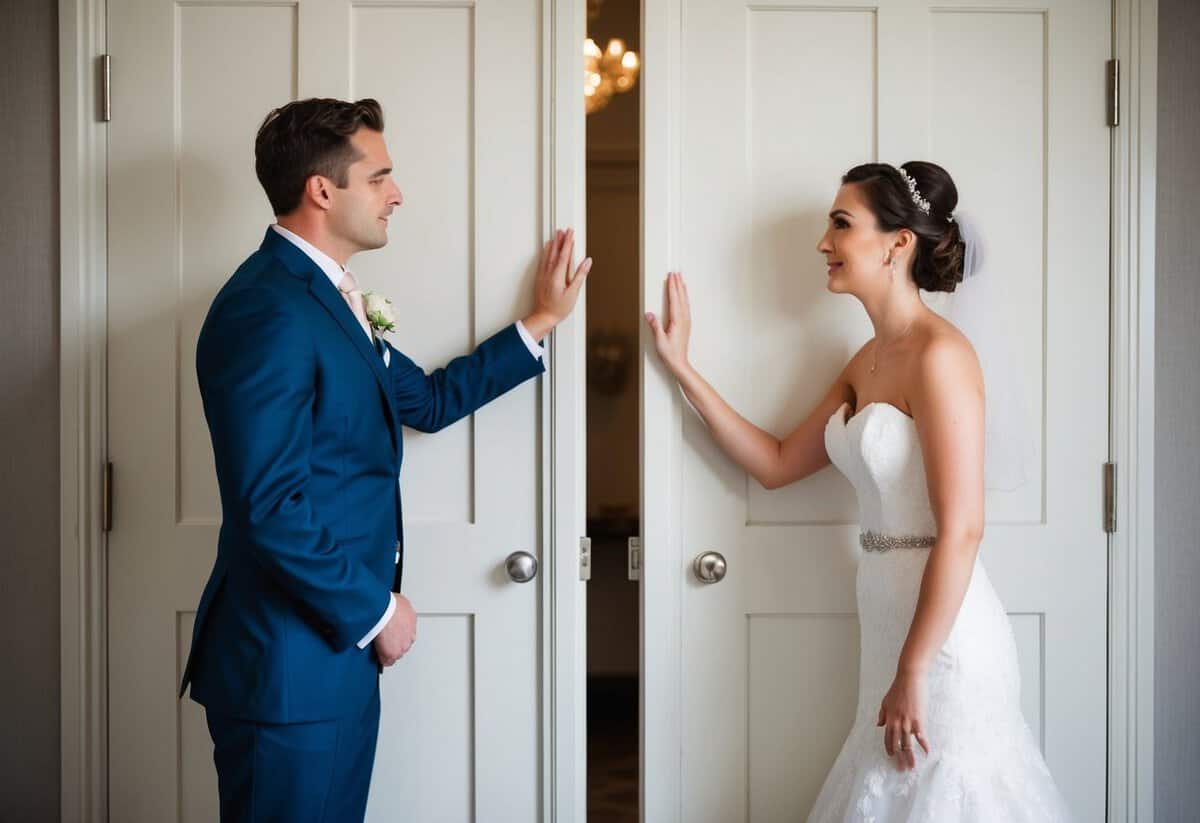 A bride and groom stand on opposite sides of a closed door, reaching out to touch it with hesitant expressions