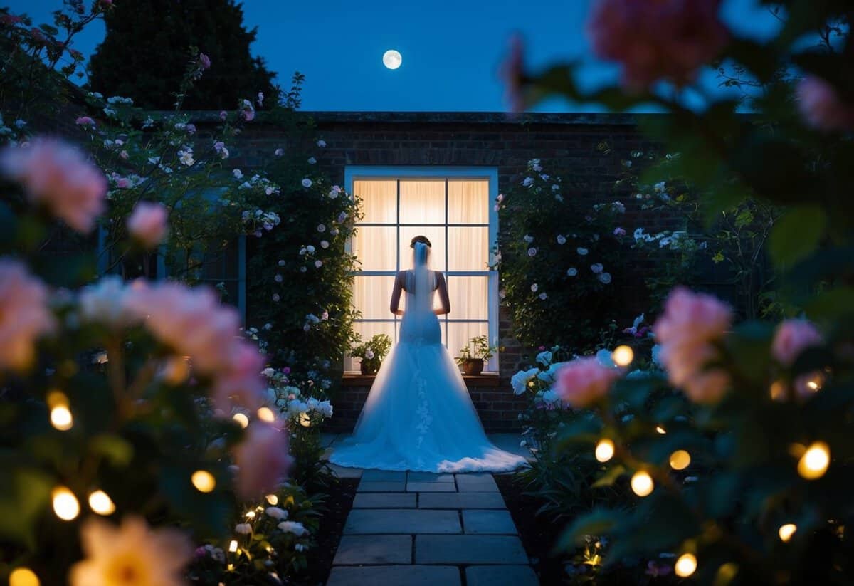A moonlit garden with a bride's silhouette visible through a window, surrounded by blooming flowers and twinkling lights