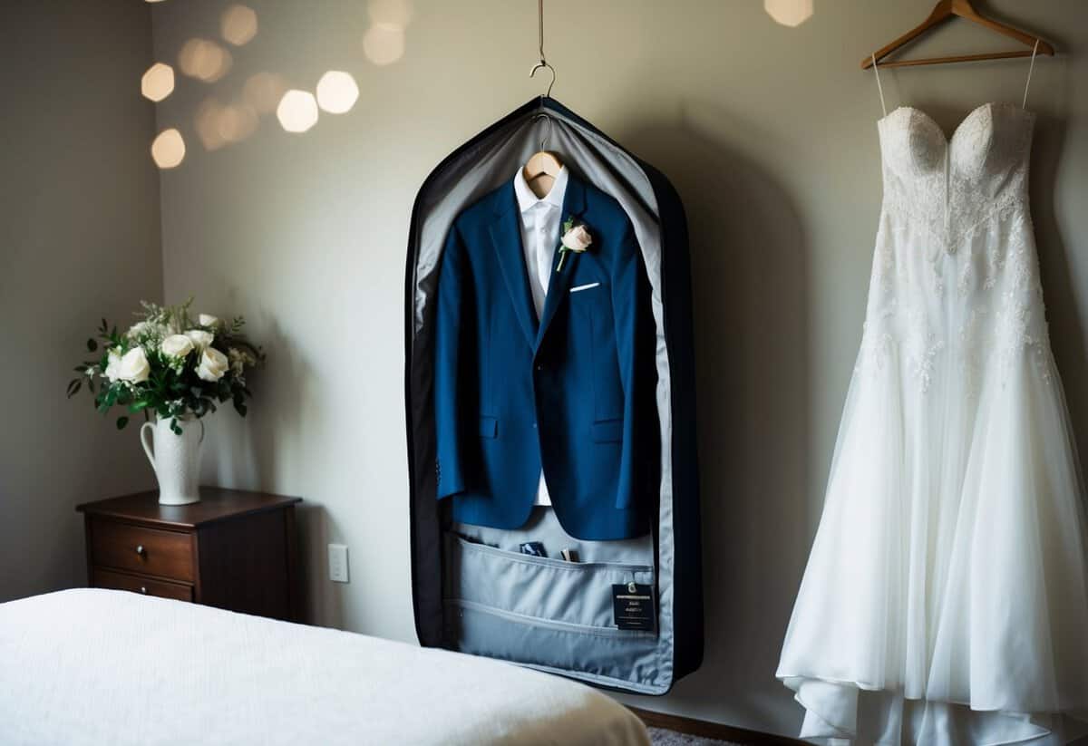A neatly hung groom's suit inside a garment bag, placed on a bed or chair, with the bride's wedding dress hanging nearby