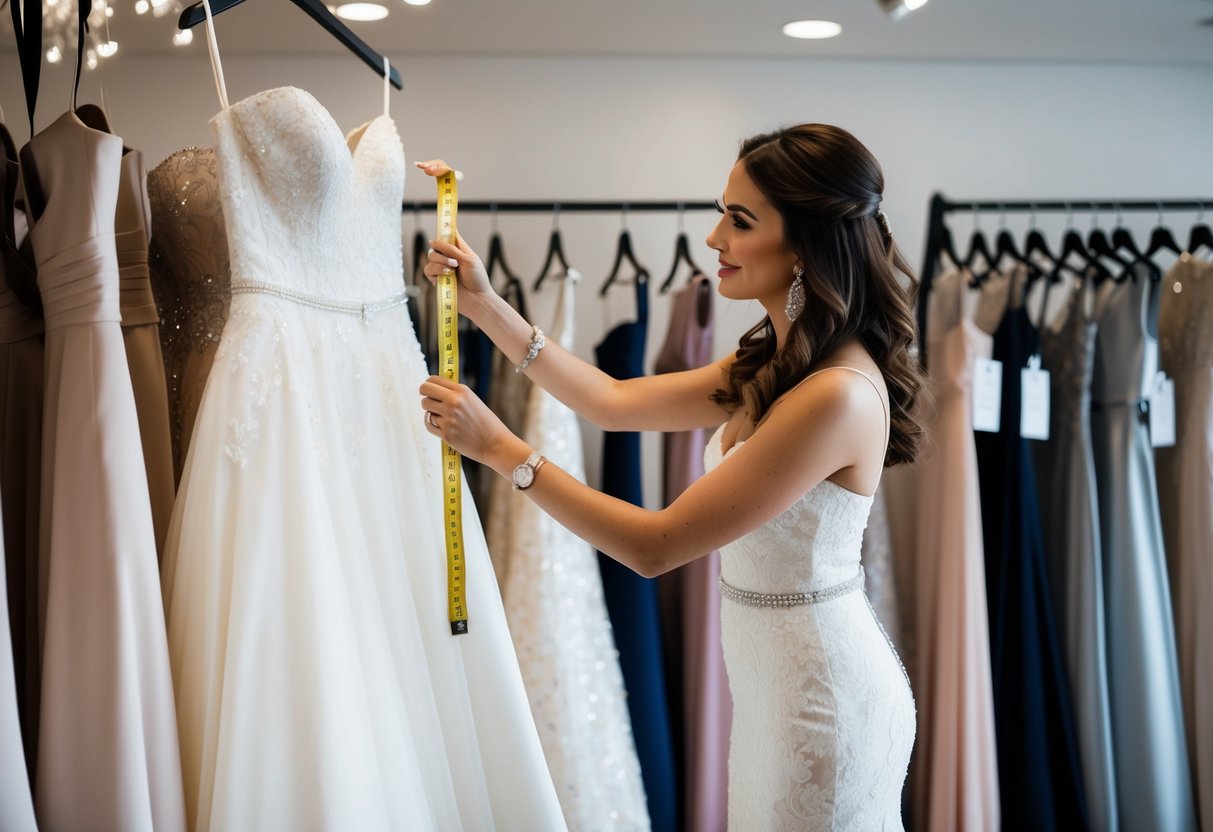 A woman browsing through elegant dresses at a bridal boutique, holding a measuring tape against a floor-length gown