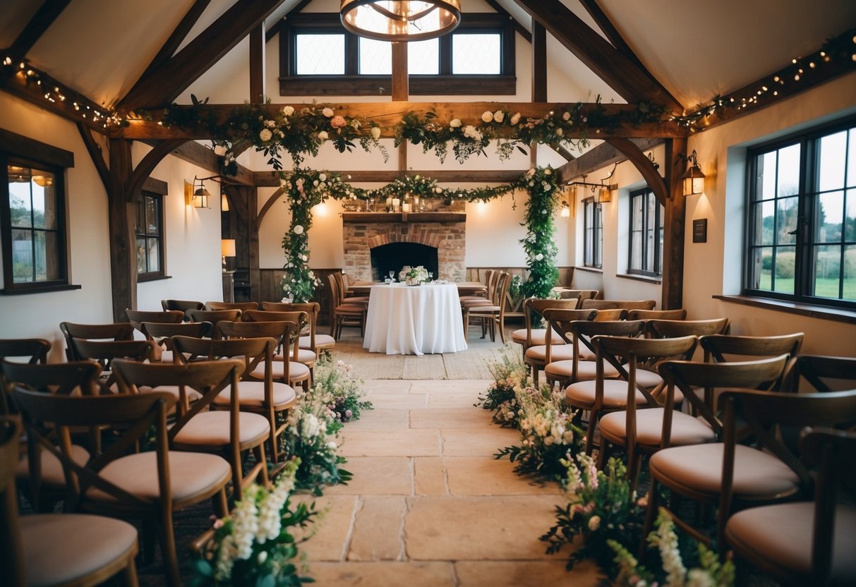 A charming countryside pub with a rustic outdoor ceremony space and a cozy indoor reception area decorated with fairy lights and wildflowers