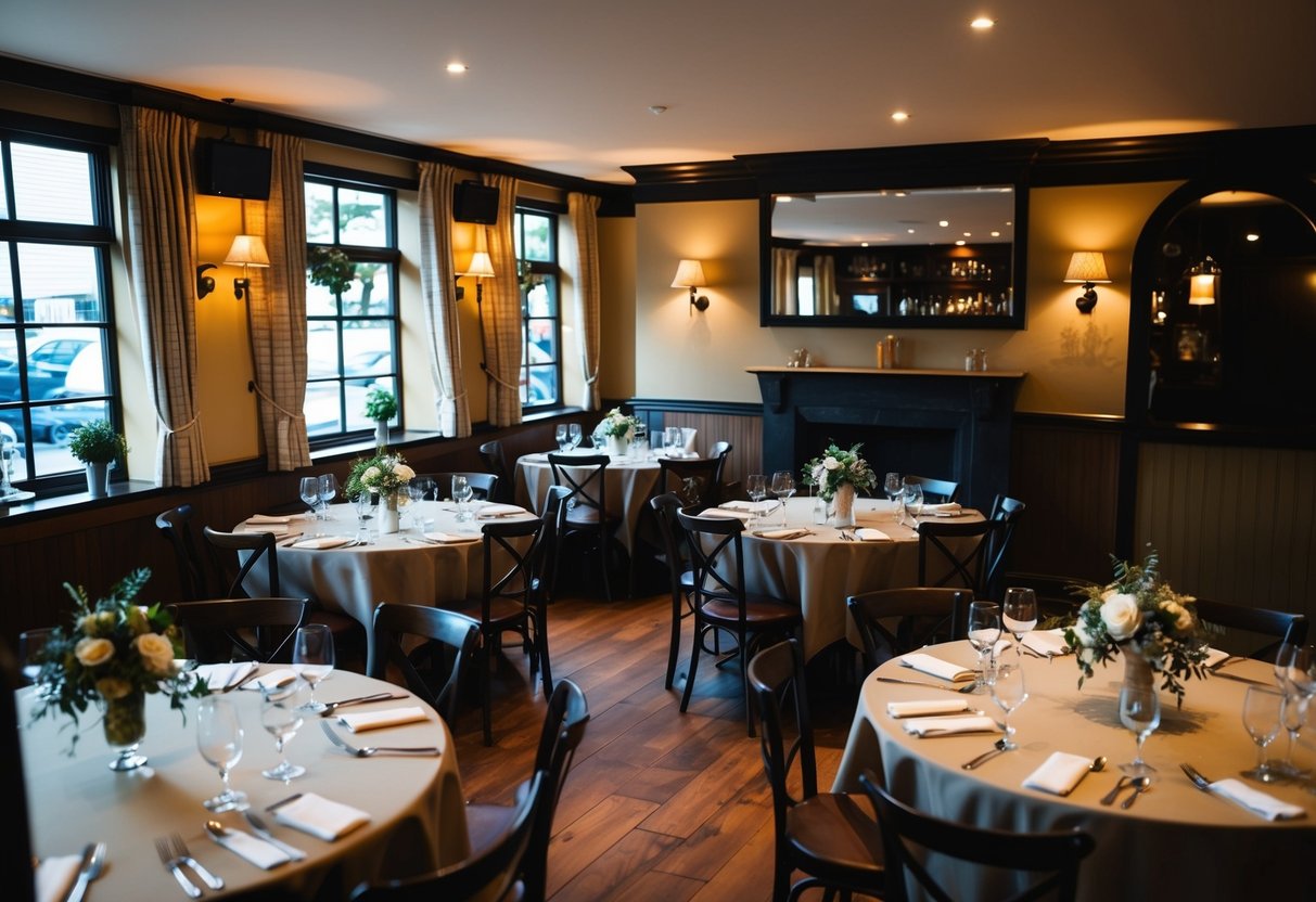 A cozy pub with rustic decor and dim lighting. Tables set for a wedding reception with simple, elegant centerpieces. A casual and intimate atmosphere