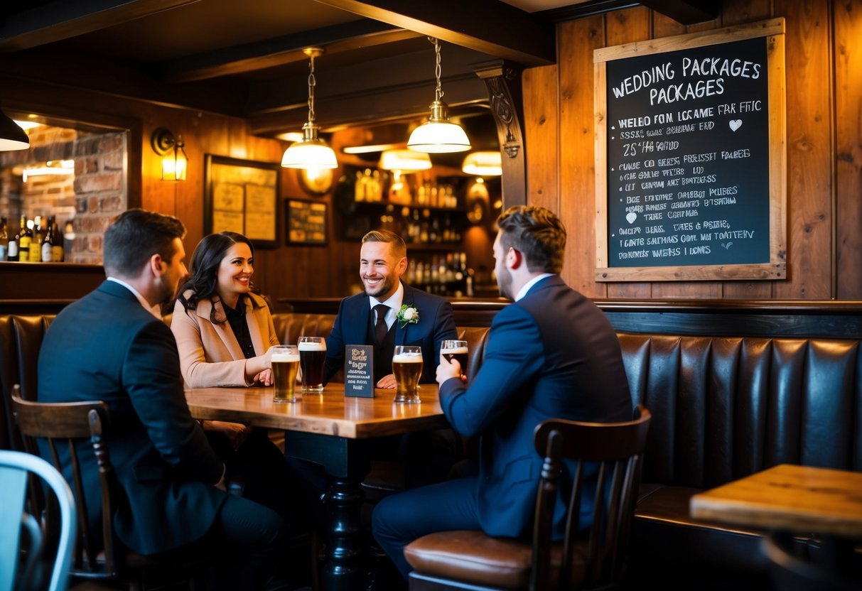 A cozy pub with rustic decor, dim lighting, and a warm atmosphere. A chalkboard sign advertises wedding packages, while couples chat over pints