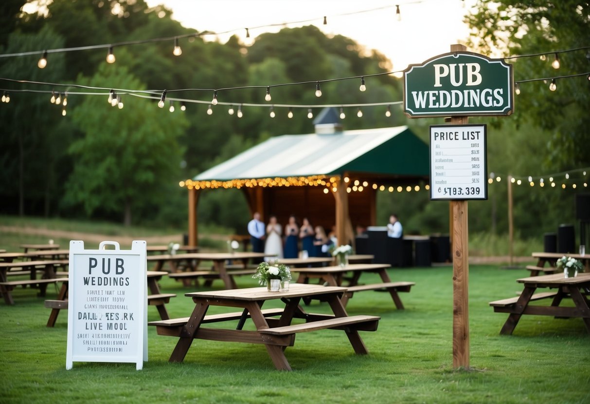 A rustic outdoor wedding venue with picnic tables, string lights, and a small stage for live music. A sign advertises "Pub Weddings" with a price list