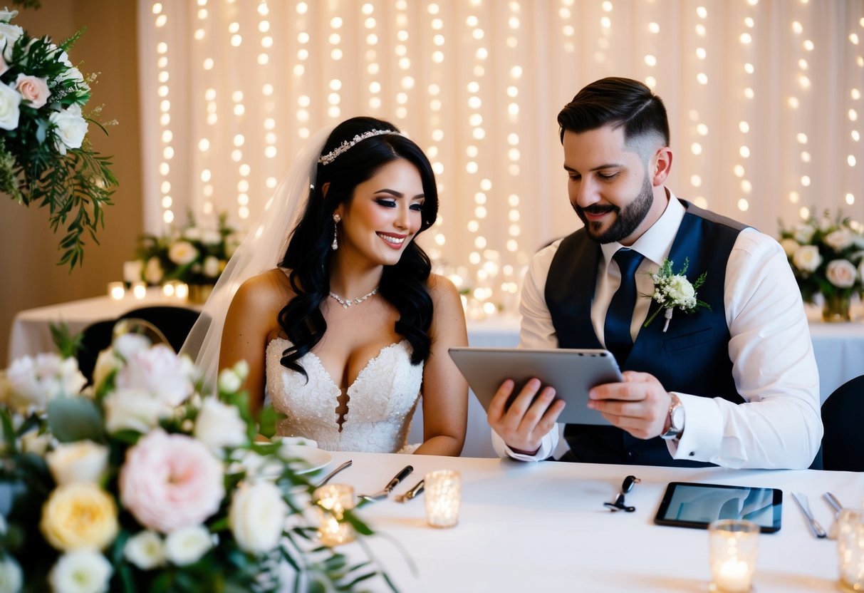 A bride and groom sit at a table, surrounded by floral centerpieces and twinkling lights. A wedding planner shows them a budget breakdown on a tablet