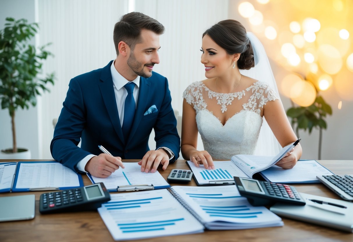 A couple sits at a table with spreadsheets, calculators, and wedding magazines, discussing their budget and making notes