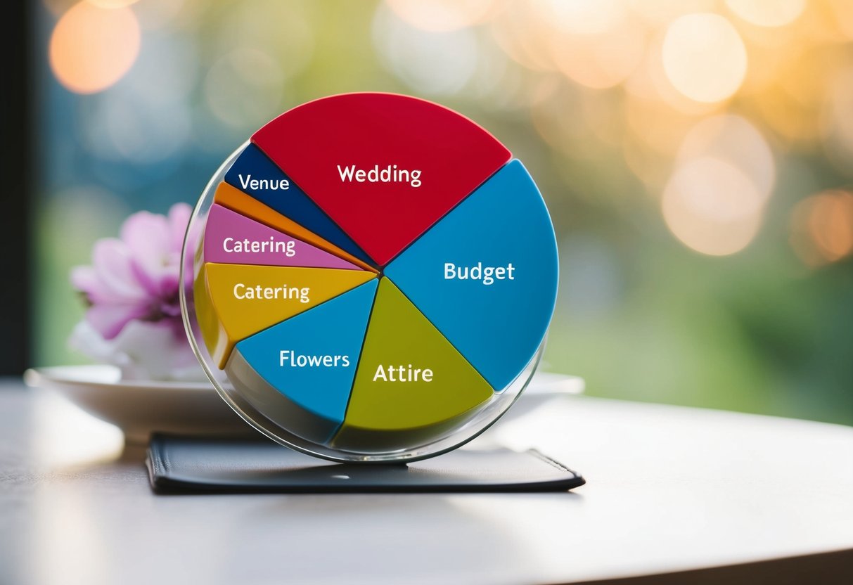 A wedding budget pie chart with categories like venue, catering, flowers, and attire