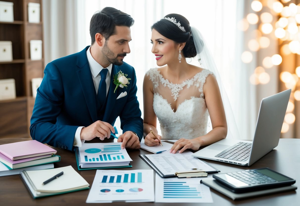 A bride and groom sitting at a table surrounded by wedding planning books, budget spreadsheets, and a laptop. They are discussing and calculating wedding expenses