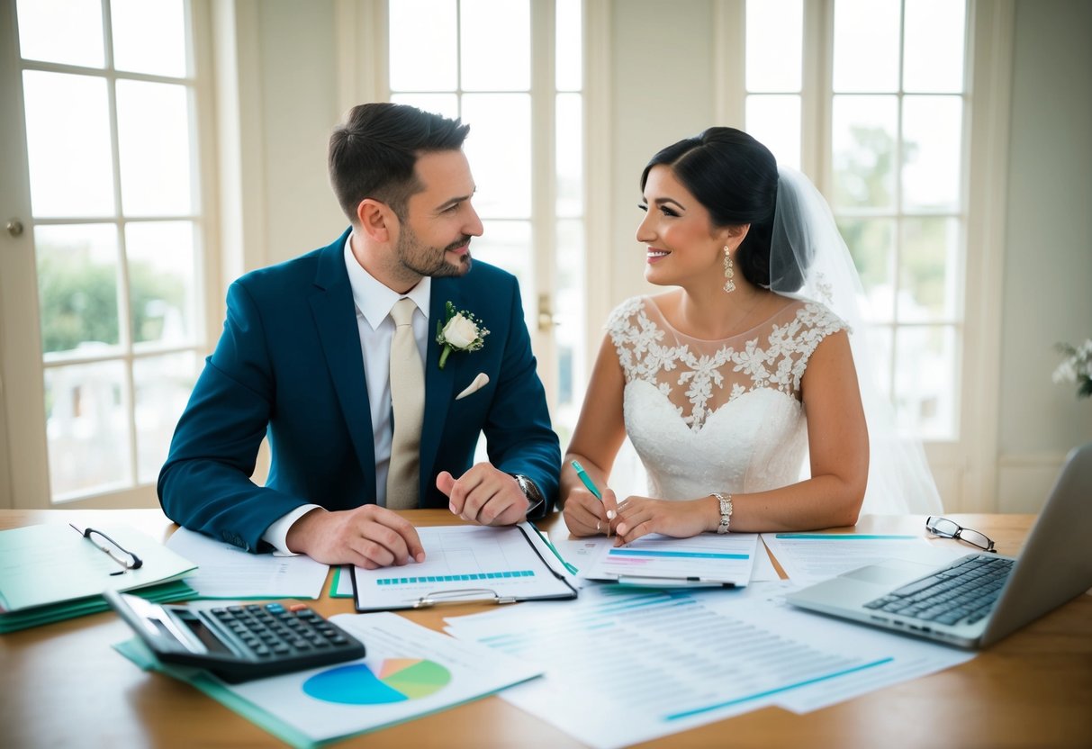 A couple sits at a table covered in wedding planning materials, discussing budgeting for additional wedding events. A calculator and spreadsheet are visible