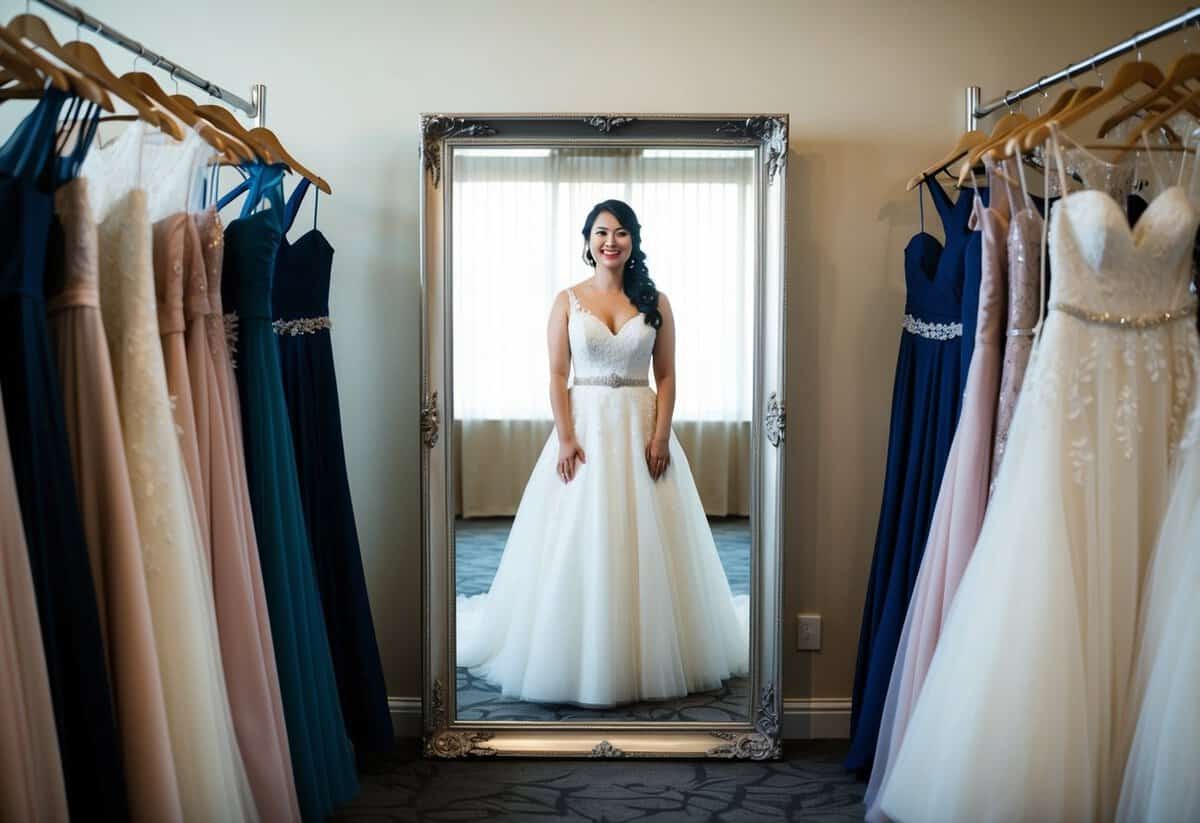 A bride stands in front of a full-length mirror, surrounded by racks of wedding dresses. She looks confident and happy in her chosen gown