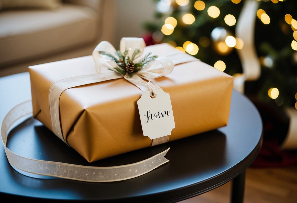 A beautifully wrapped gift sits on a table, adorned with delicate ribbons and a personalized tag