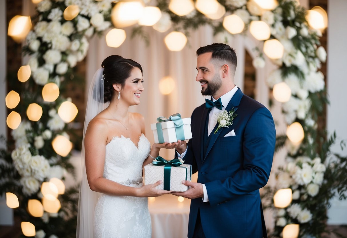 A bride holds a sentimental gift while the groom holds a practical one, surrounded by wedding decor