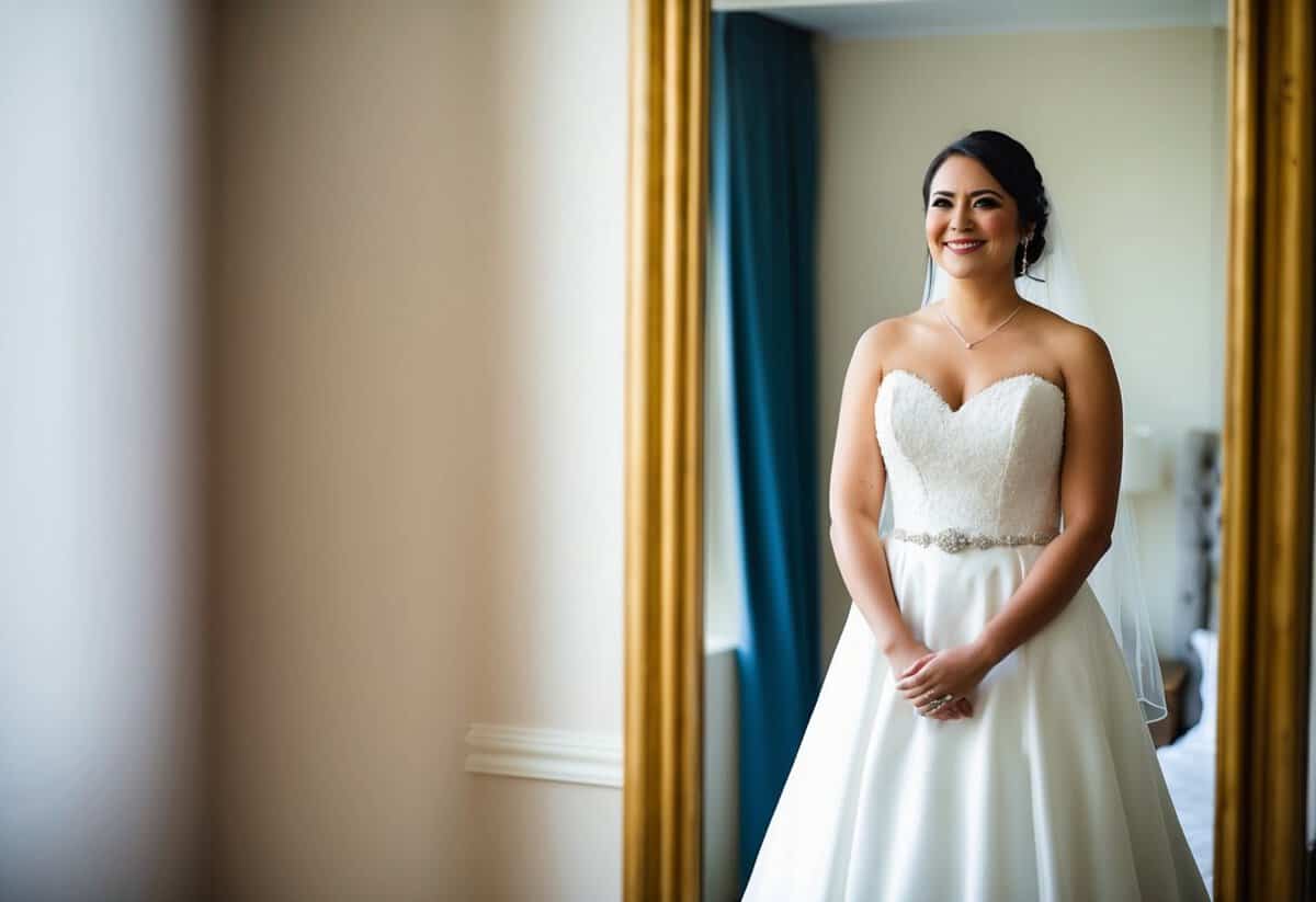A bride standing in front of a full-length mirror, wearing a wedding dress with a satisfied smile on her face