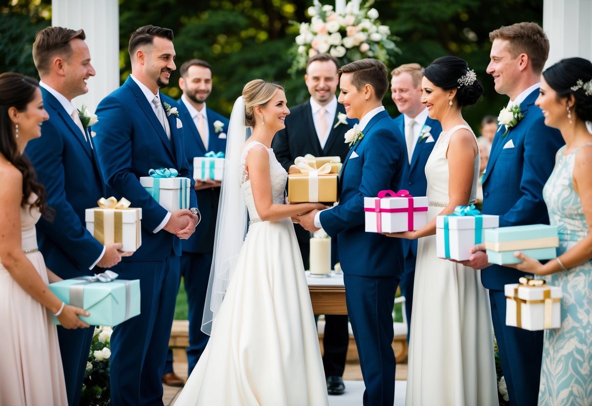 A bride and groom exchange gifts at the wedding altar, surrounded by their respective wedding parties holding beautifully wrapped presents