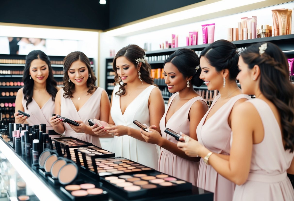 A group of bridesmaids browsing through various makeup products at a beauty store, comparing prices and discussing their budget for the wedding