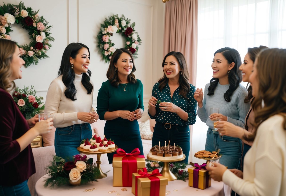 A group of women gather in a decorated room with floral arrangements, a gift table, and a dessert spread. They are engaged in conversation and laughter, creating a warm and festive atmosphere