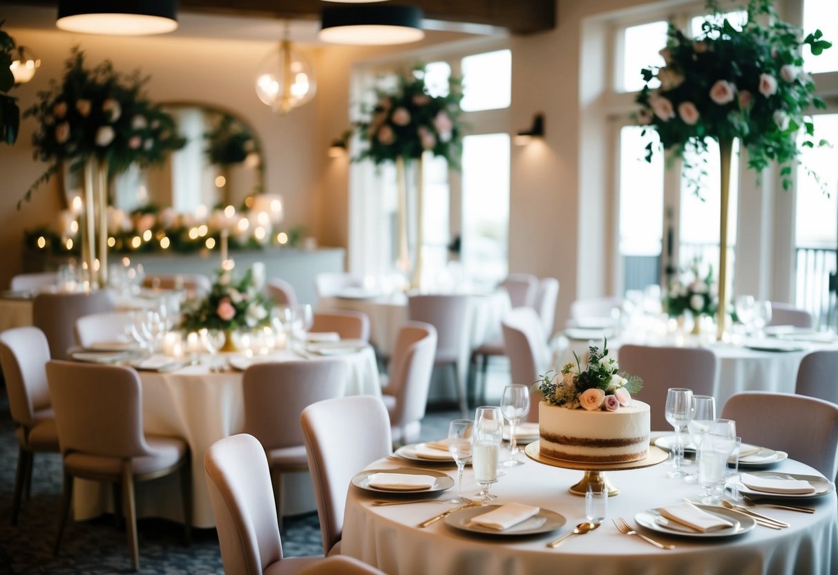 A cozy, elegant venue with floral decorations and soft lighting. Tables set with delicate place settings and a dessert table adorned with a beautiful cake