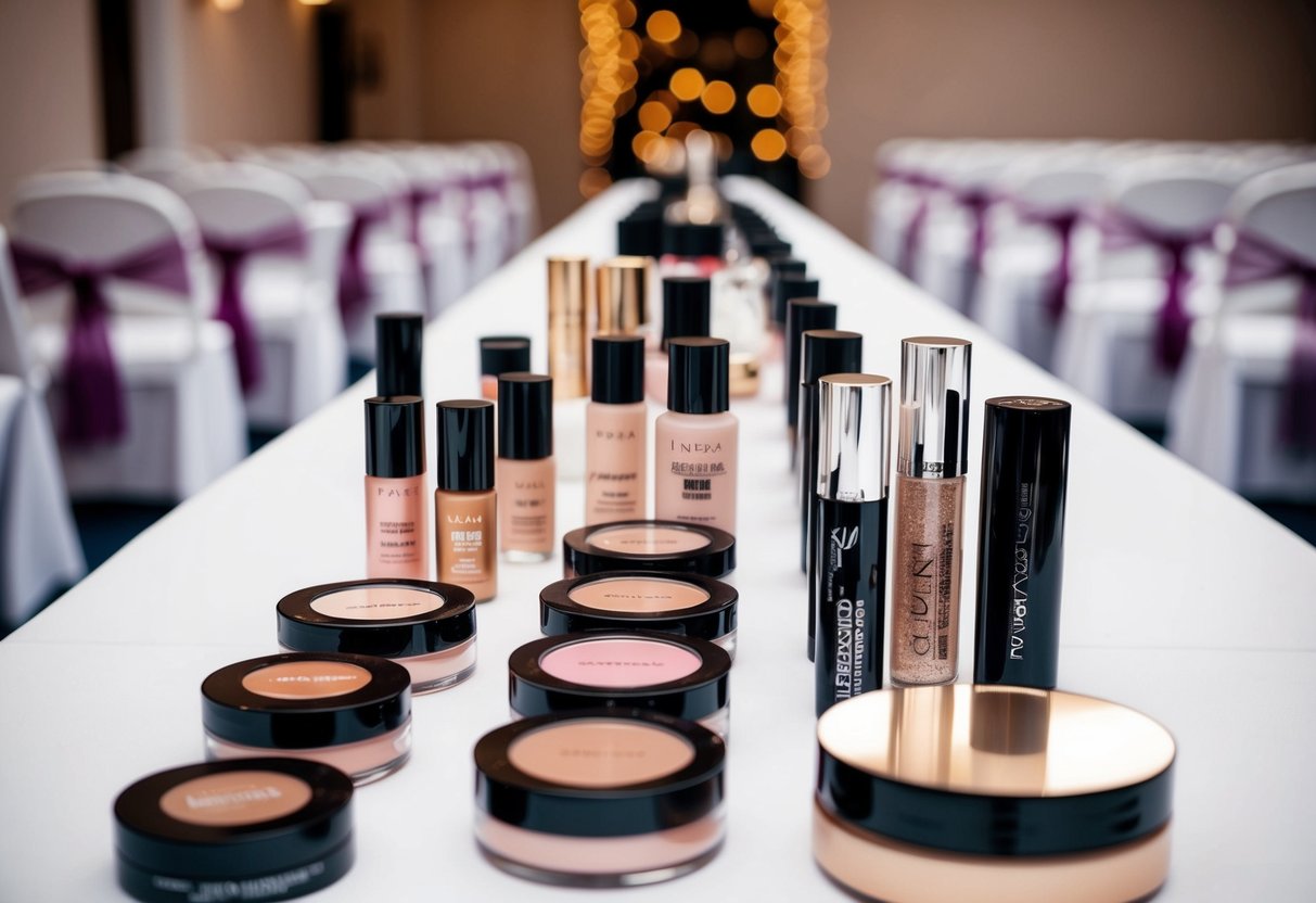 A bride's makeup products arranged in a seamless line from the aisle to the reception, showcasing various brands for bridal makeup