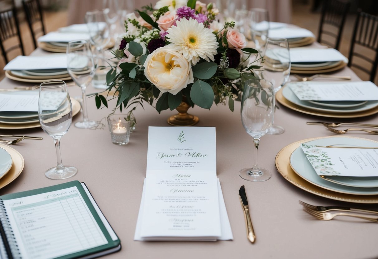 A table set with elegant place settings, floral centerpieces, and invitation mock-ups scattered around. A notebook with a guest list and budget calculations sits nearby